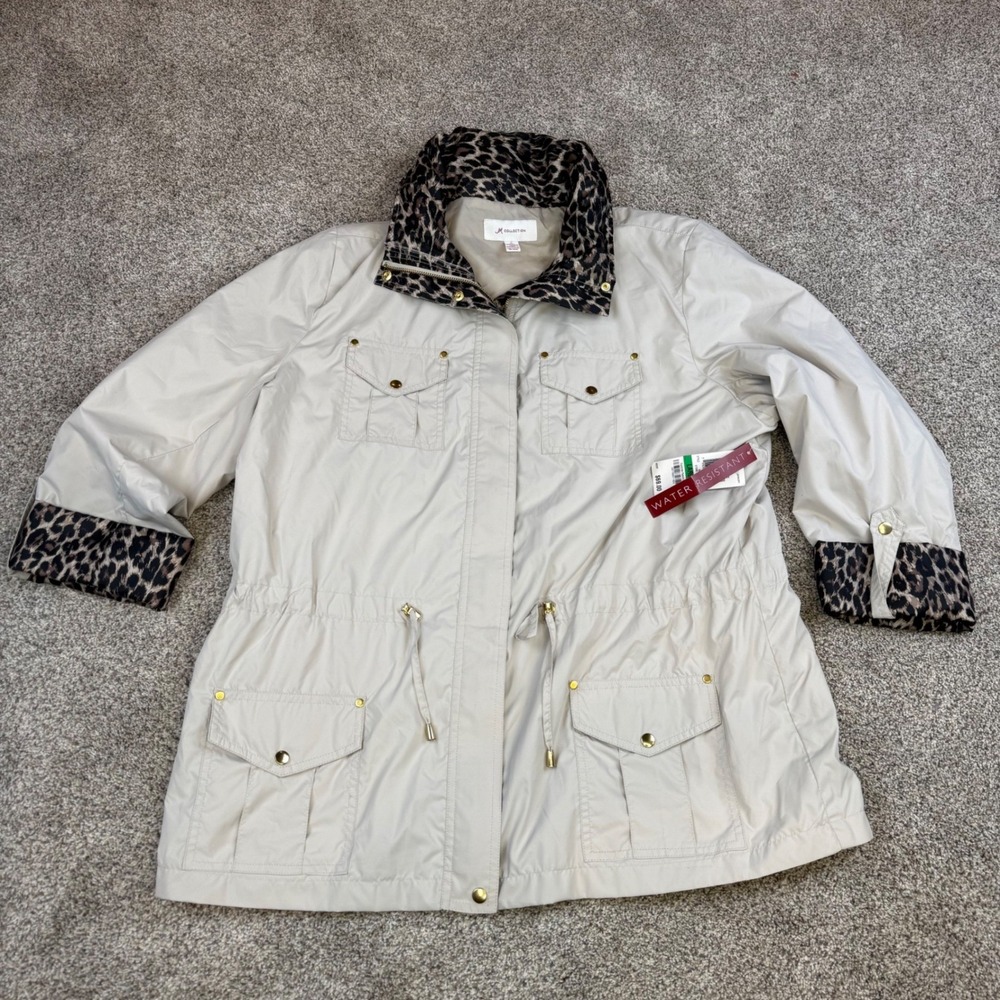 JM Collection Water Resistant Jacket Stone Wall Beige Leopard Trim Large NEW